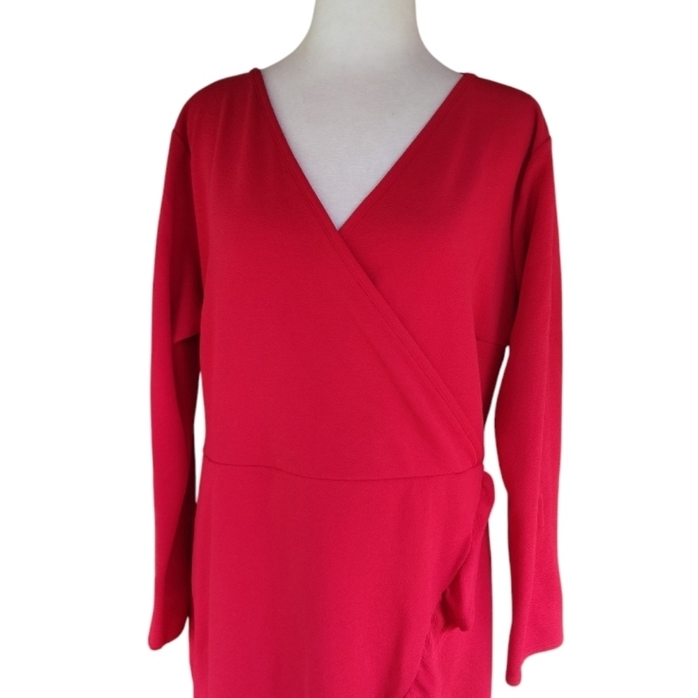 Pretty Little Thing Red Wrap Front Ruffle Detail Long Sleeve Dress Size 14 - Picture 4 of 9